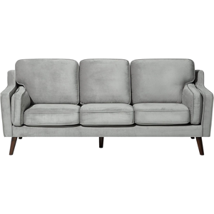 Beliani Sofa Light Grey 3 Seater Velvet Oak Wood Legs Classic Mid-Century Living Room Material:Velvet Size:83x85x204