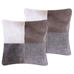 Beliani Decorative Cushions  Grey Cowhide Leather Patchwork Two Pieces 45 x 45 cm Country Modern Decor Accessories Material:Leather Size:45x10x45