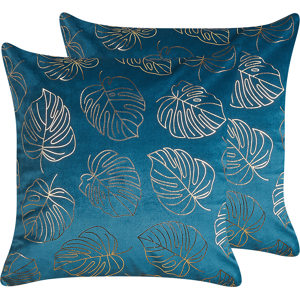 Beliani Set of 2 Decorative Cushions Blue Velvet 45 x 45 cm Leaf Print Glamour Decor Accessories Material:Velvet Size:45x8x45