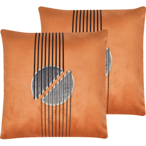 Beliani Set of 2 Scatter Cushions Orange Velvet 45 x 45 cm Glamour Zipper Geometric Pattern Living Room Bedroom Material:Polyester Size:45x12x45