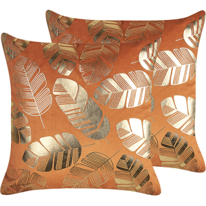 Beliani Set of 2 Decorative Cushions Orange Velvet 45 x 45 cm Gold Leaf Foil Print Glamour Decor Accessories Material:Velvet Size:45x8x45