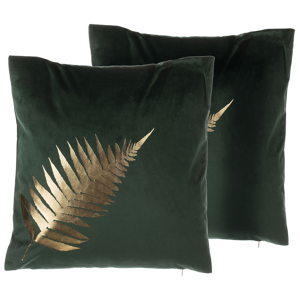 Beliani Set of 2 Decorative Cushions Green Velvet Leaf Pattern 45 x 45 cm Gold Foil Print Decor Accessories Material:Velvet Size:45x12x45