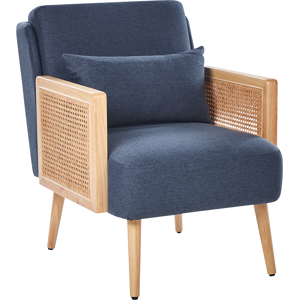 Beliani Armchair Blue Polyester Wooden Frame with Rattan Braid Wooden Legs Plastic Leg Caps with Cushion Traditional Style Living Room Bedroom Material:Polyester Size:78x80x65