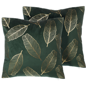 Beliani Set of 2 Decorative Cushions Green Velvet Leaf Pattern 45 x 45 cm Gold Foil Print Decor Accessories Material:Velvet Size:45x12x45