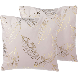 Beliani Set of 2 Decorative Cushions Pink Velvet Leaf Pattern 45 x 45 cm Gold Foil Print Decor Accessories Material:Velvet Size:45x12x45