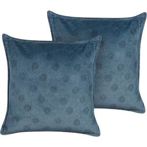 Beliani Set of 2 Decorative Cushions Dark Blue Velvet and Cotton 45 x 45 cm Geometric Pattern Block Printed Boho Decor Accessories Material:Velvet Size:45x10x45