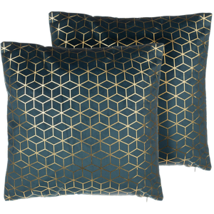 Beliani Set of 2 Decorative Cushions Blue Velvet Cube Pattern 45 x 45 cm Geometric Foil Print Modern Glamour Decor Accessories Material:Velvet Size:45x12x45