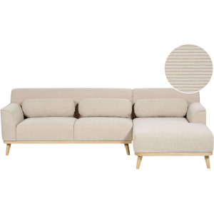 Beliani Corner Sofa Beige Corduroy Rubberwood Base 3 Seater Left Hand Retro Couch Settee Jumbo Cord Living Room Material:Corduroy Size:159x80x264