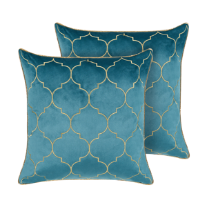 Beliani Set of 2 Decorative Cushions Blue Quatrefoil Pattern 45 x 45 cm Foil Print Moroccan Clover Glamour Material:Velvet Size:45x12x45