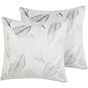 Beliani Set of 2 Decorative Cushions White Cotton Leaf Pattern 45 x 45 cm Silver Foil Print Decor Accessories Material:Cotton Size:45x12x45