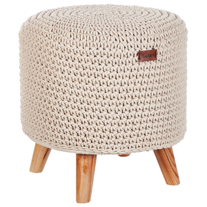 Beliani Footstool Beige Cotton Seat Wooden Legs 40 x 40 x 40 cm Handmade Boho Style Home Accessory Material:Cotton Size:40x40x40