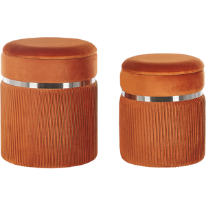 Beliani Set of 2 Pouffes Orange Velvet Metal Bands Glamour Internal Storage Living Room Bedroom Material:Velvet Size:36/31x44/38x36/31