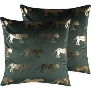 Beliani Set of 2 Decorative Cushions Green Velvet Animal Foil Print 45 x 45 cm Tiger Motif Modern Glamour Decor Accessories Material:Velvet Size:45x12x45