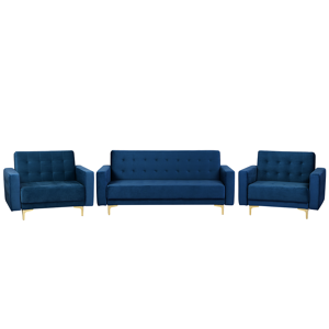 Beliani Living Room Set Navy Blue Velvet Tufted Fabric 3 Seater Sofa Bed 2 Reclining Armchairs Modern 3-Piece Suite Material:Velvet Size:xx