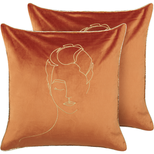 Beliani Set of 2 Decorative Cushions Orange and Gold Velvet 45 x 45 cm Face Motif Glamour Decor Accessories Material:Velvet Size:45x10x45