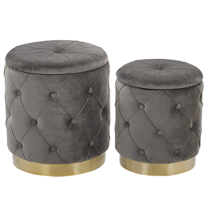 Beliani Set of Storage Pouffes Grey Polyester Velvet Button Tufted Upholstery Golden Base Retro Design Material:Velvet Size:40/33x44/36x40/33