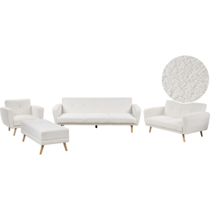 Beliani Living Room Set White Boucle Fabric 3 + 2 + 1 Seater Footstool Sleeper Function Retro Material:Boucle Size:xx