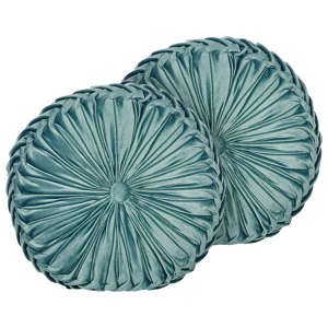 Beliani Set of 2 Decorative Cushions Teal Fabric with Pleats Round 40 cm Minimalist Modern Decor Accessories Material:Velvet Size:40x10x40