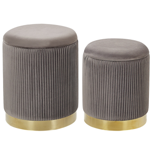 Beliani Set of 2 Storage Pouffes Grey Polyester Velvet Upholstery Gold Base Modern Design Horizontal Tuft Living Room Accent Piece Material:Velvet Size:35/31x44/39x35/31