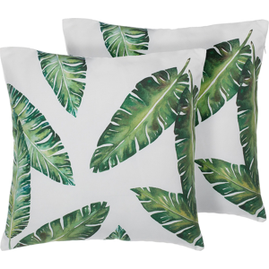 Beliani Set of 2 Decorative Cushions Green Leaf Pattern 45 x 45 cm Tropical Motif Print Decor Accessories Material:Polyester Size:45x12x45