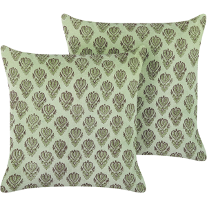 Beliani Set of 2 Decorative Cushions Green Velvet and Cotton 45 x 45 cm Floral Pattern Block Printed Boho Decor Accessories Material:Velvet Size:45x10x45