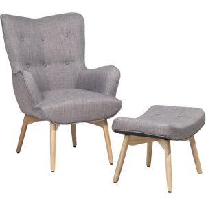 Beliani Wingback Chair with Ottoman Light Grey Fabric Buttoned Retro Style Material:Polyester Size:78x100x81