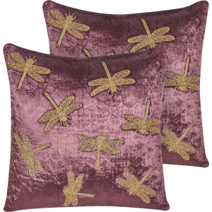 Beliani Set of 2 Decorative Cushions Purple Velvet 45 x 45 cm Animal Pattern Dragonfly Motif Modern Glamour Living Room Bedroom Pillow Material:Velvet Size:45x9x45