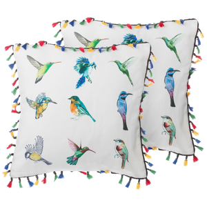 Beliani Set of 2 Decorative Cushions White Bird Print 45 x 45 cm with Multicolour Tassels Fringe Decor Accessories Material:Polyester Size:45x12x45