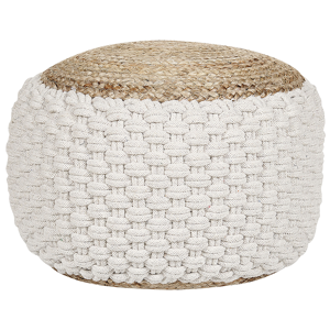 Beliani Pouf Ottoman White and Beige Knitted Cotton Jute EPS Beads Filling Round Small Footstool 50 x 35 cm Boho Style Living Room Material:Cotton Size:50x35x50