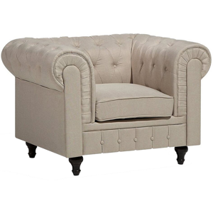 Beliani Chesterfield Armchair Beige Fabric Upholstery Dark Wood Legs Contemporary Material:Polyester Size:85x79x112