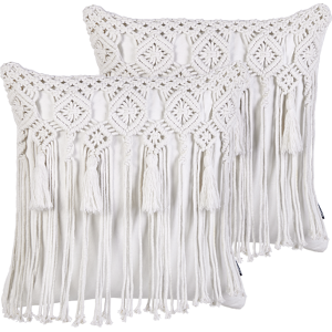 Beliani Decorative Cushion Set of 2 White Cotton Macramé 45 x 45 cm with Tassels Rope Boho Retro Decor Accessories Material:Cotton Size:45x10x45