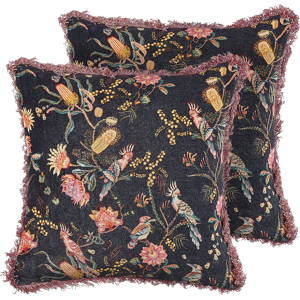 Beliani Set of 2 Decorative Cushions Black Pink Cotton 45 x 45 cm Velvet Flower Motif Fringed Modern Glamour Decor Material:Velvet Size:45x10x45