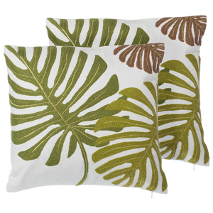 Beliani Set of 2 Decorative Cushions Green Cotton Leaf Pattern 45 x 45 cm Embroidered Tropical Motif Decor Accessories Material:Cotton Size:45x12x45