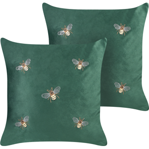 Beliani Set of 2 Decorative Cushions Green Bees Motif 45 x 45 cm Velvet Polyester Modern Glamour Decor Accessories Material:Velvet Size:45x10x45