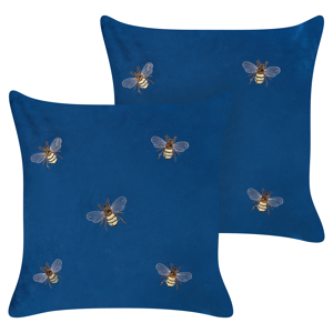 Beliani Set of 2 Decorative Cushions Blue Bees Motif 45 x 45 cm Velvet Polyester Modern Glamour Decor Accessories Material:Velvet Size:45x10x45
