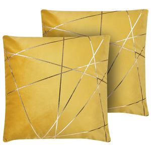Beliani Set of 2 Scatter Cushions Yellow Velvet 45 x 45 cm Gold Geometric Pattern Decorative Throw Pillows Removable Covers Zipper Closure Glam Style Material:Velvet Size:45x12x45