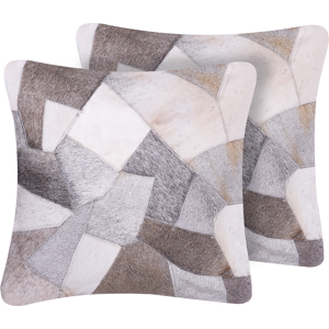 Beliani Set of 2 Decorative Cushions Grey Cowhide Leather Patchwork 45 x 45 cm Country Modern Decor Accessories Material:Leather Size:45x10x45