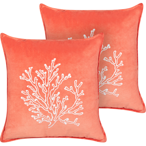 Beliani Set of 2 Scatter Cushions Pink Velvet 45 x 45 cm Marine Coral Motif Square Polyester Filling Home Accessories Material:Velvet Size:45x10x45