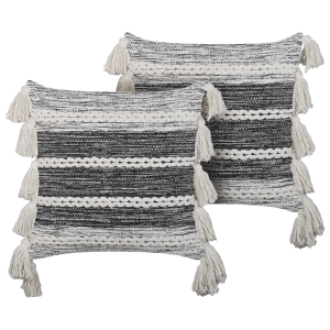 Beliani Set of 2 Decorative Cushions Black and Grey Cotton 45 x 45 cm with Tassels Boho Design Decor Accessories Material:Cotton Size:45x14x45