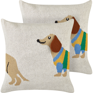 Beliani Set of 2 Kids Decorative Cushions Beige Cotton Covers 45 x 45 cm Dachshund Pattern Kid's Bedroom Accessory Material:Cotton Size:45x10x45