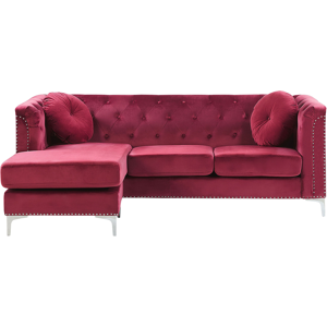 Beliani Corner Sofa Burgundy Velvet Upholstered 3 Seater Right Hand L-Shaped Glamour Additional Pillows with Tufting and Nailhead Trims Material:Velvet Size:145x77x212