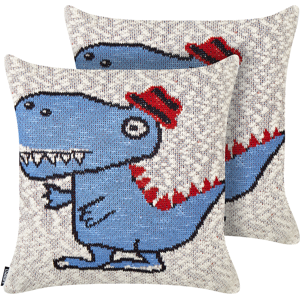 Beliani Set of 2 Kids Decorative Cushions Beige and Blue Cotton Covers 45 x 45 cm Dino Pattern Kid's Bedroom Accessory Material:Cotton Size:45x10x45