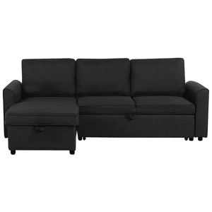 Beliani Corner Sofa Bed Black Fabric Upholstered Right Hand Orientation with Storage Bed Material:Polyester Size:145x84x228