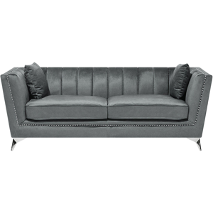 Beliani 3 Seater Sofa Grey Nail Head Trim Panel Tufting Material:Velvet Size:80x77x211