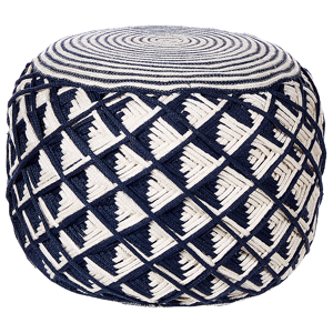 Beliani Garden Pouf Navy Blue and Beige Synthetic Material Round ø 50 cm Outdoor Ottoman Handwoven Boho Style Material:Synthetic Material Size:50x35x50