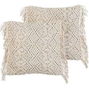 Beliani Decorative Cushion Set of 2 Beige Cotton Macramé 45 x 45 cm with Tassels Rope Boho Retro Decor Accessories Material:Cotton Size:45x10x45