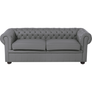 Beliani Chesterfield Sofa Grey Genuine Leather Upholstery Dark Wood Legs 3 Seater Contemporary Material:Leather Size:80x70x196