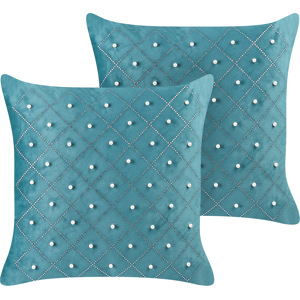 Beliani Set of 2 Cushions Teal Velvet 45 x 45 cm with Decorative Elements Glamour Modern Living Room Bedroom Material:Velvet Size:45x10x45