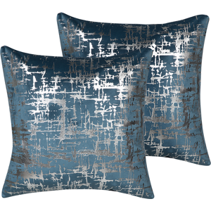 Beliani Set of 2 Decorative Cushions Blue Velvet Silver Crackle Effect 45 x 45 cm Foil Print Pattern Glamour Decor Accessories Material:Velvet Size:45x12x45