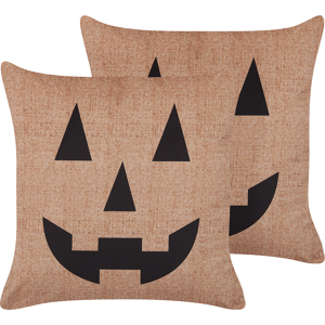 Beliani Set of 2 Decorative Cushions Beige Velvet 45 x 45 cm Jack-O-Lantern Pattern Square Modern Halloween Decor Accessories Material:Velvet Size:45x12x45